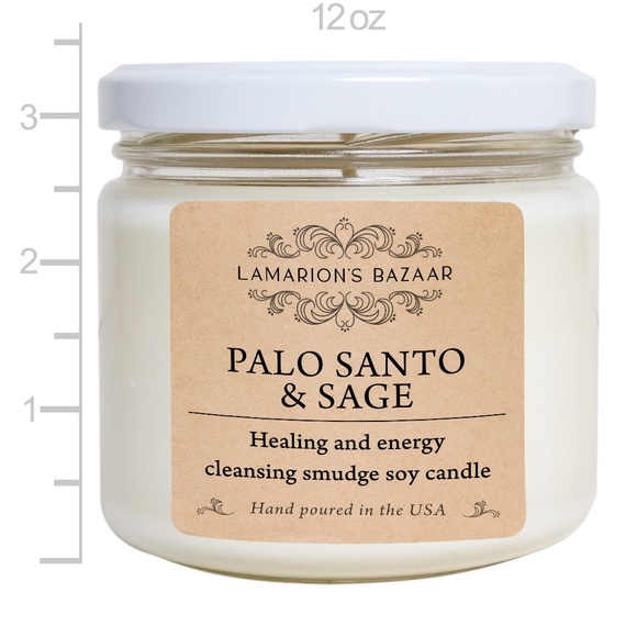 PALO SANTO + SAGE"- Smudge Soy Candle w Crushed Sage Leafs for Energy Cleansing - Picture 4 of 6